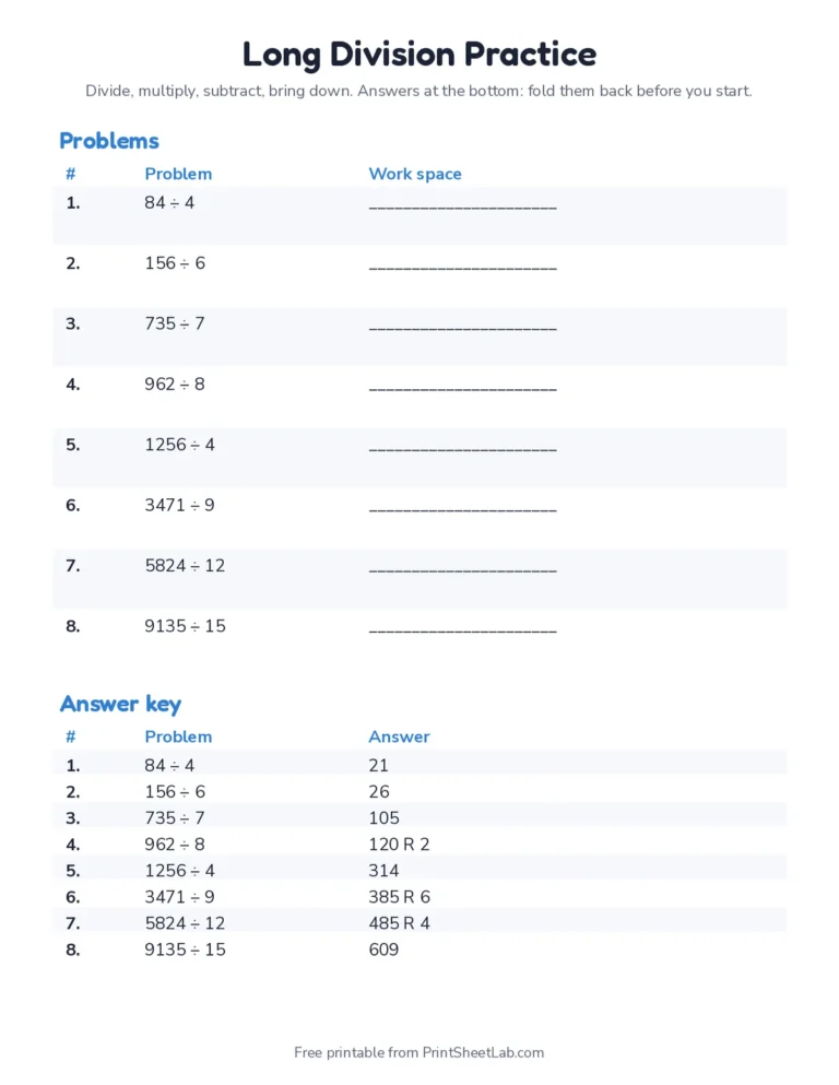 Printable long division practice sheet with 8 problems and an answer key