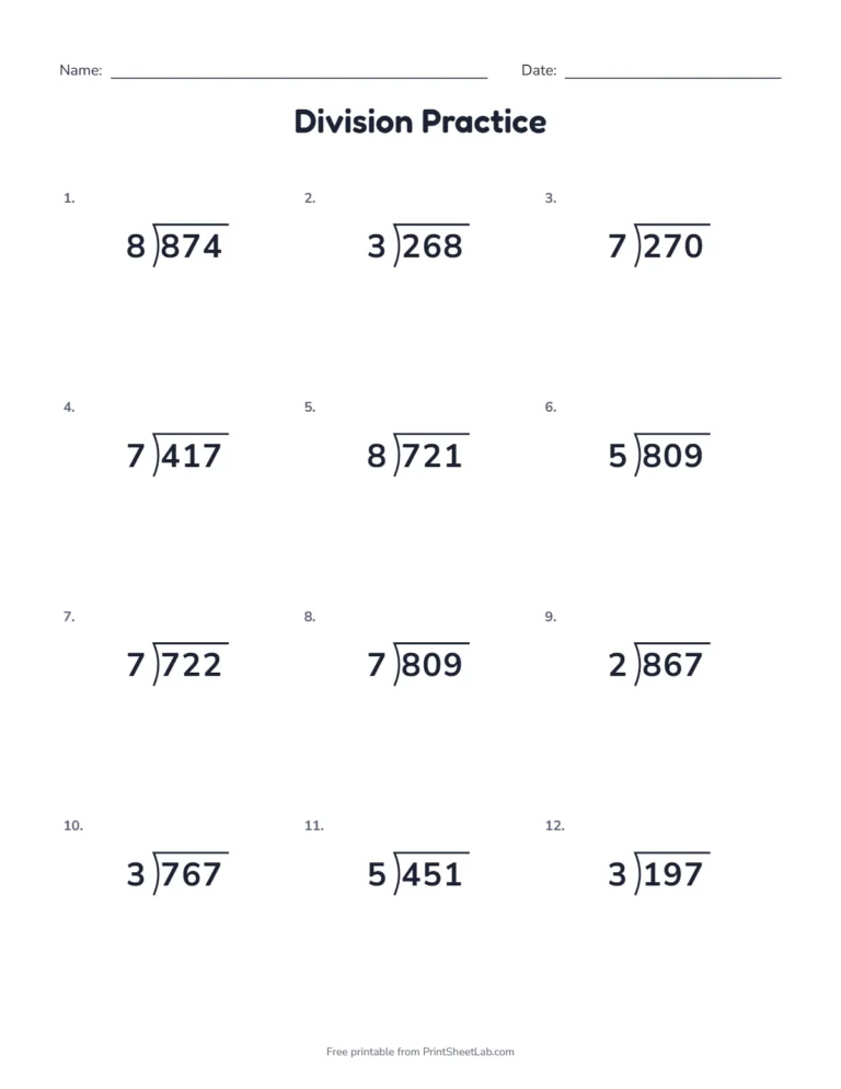 Long division with remainders worksheet, 3 digits by 1 digit