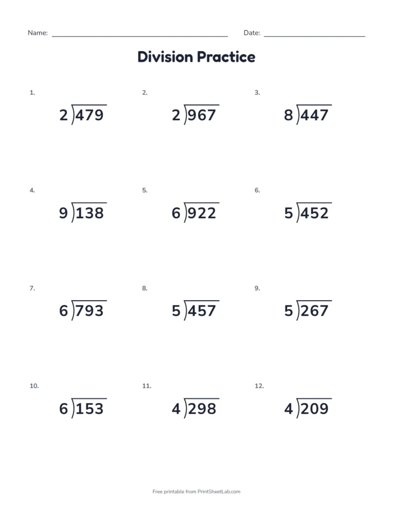 Long division with remainders worksheet: 12 problems that all leave a remainder
