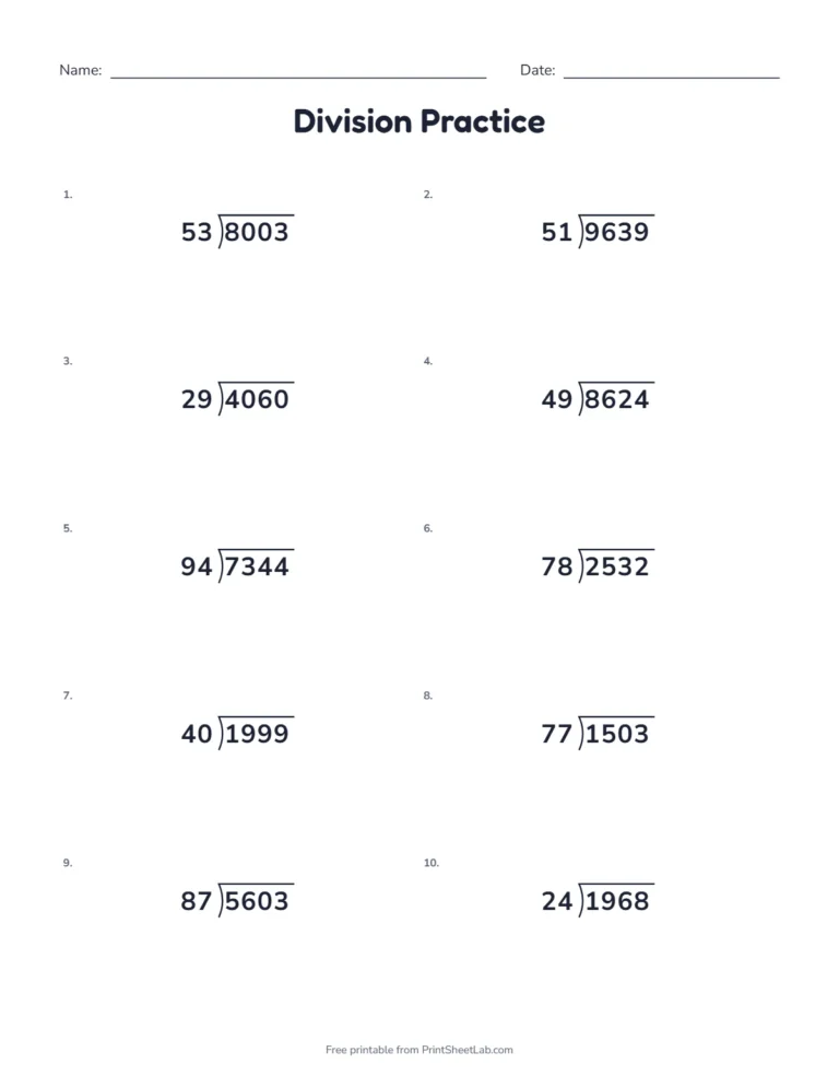 Long division worksheet with 4-digit numbers divided by 2-digit numbers, some with remainders