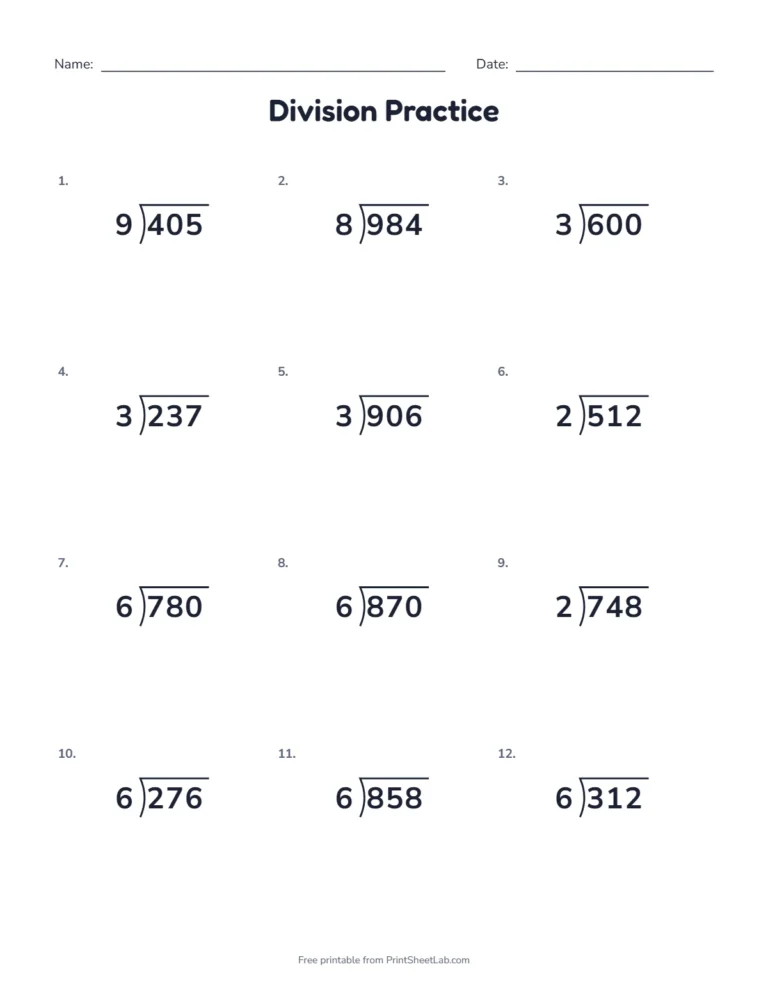 Long division worksheets with answers: 12 three-digit by one-digit problems in the bracket layout