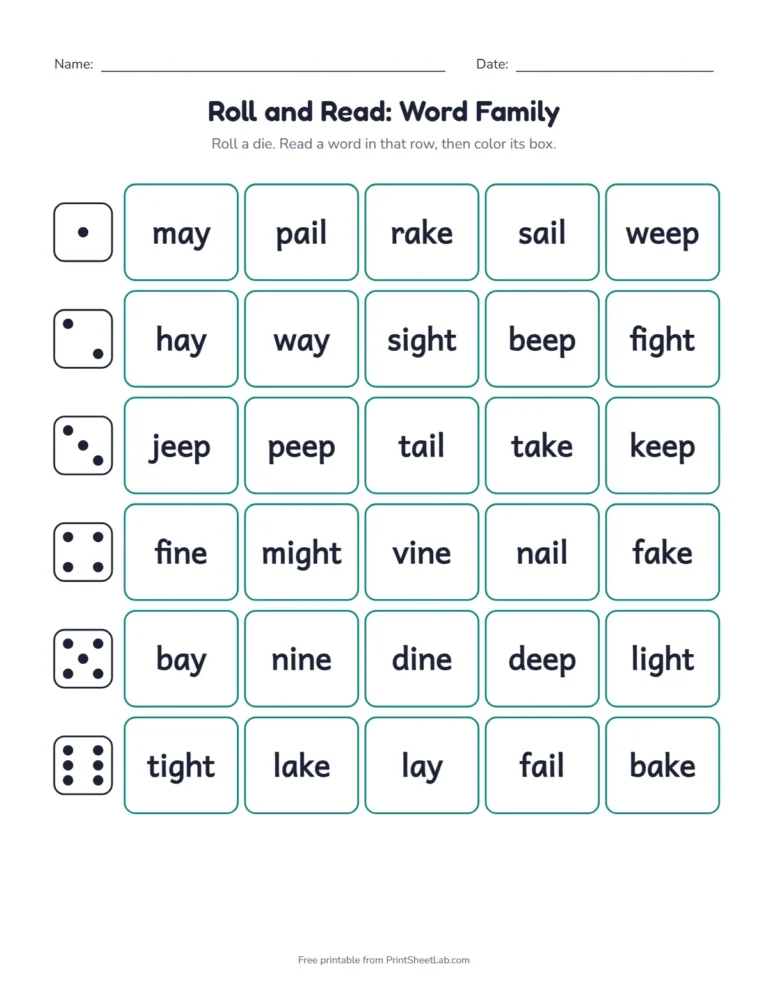 Roll and read word family game with six rows of five words for the long vowel families