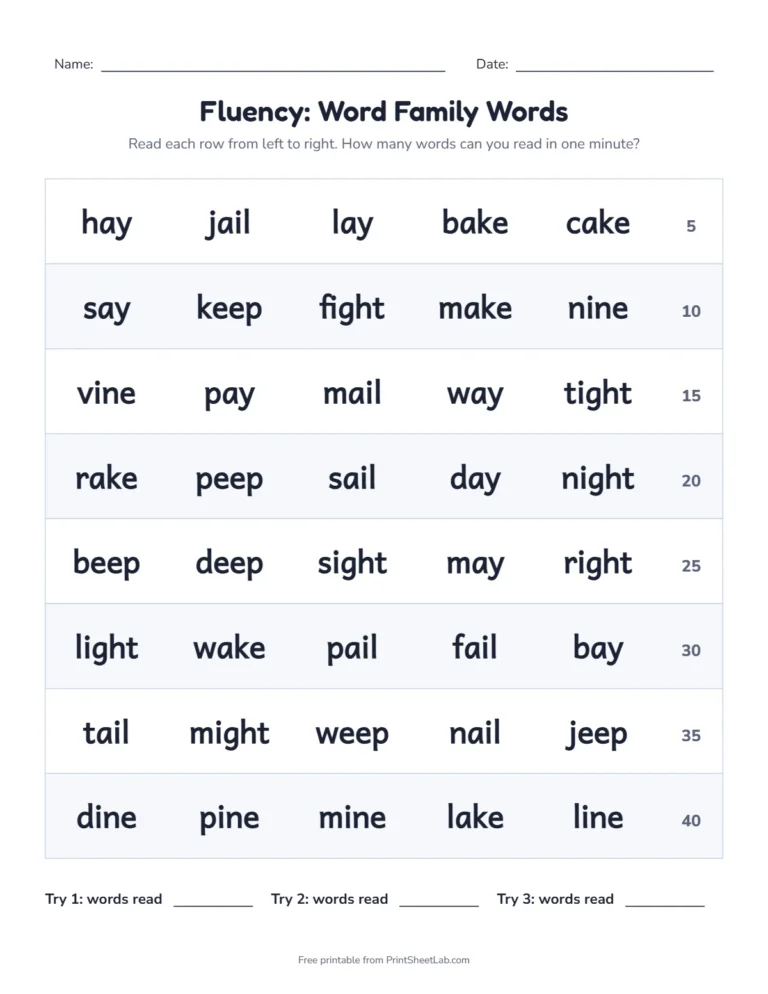 Word family fluency grid with 40 words and a running count for the long vowel families