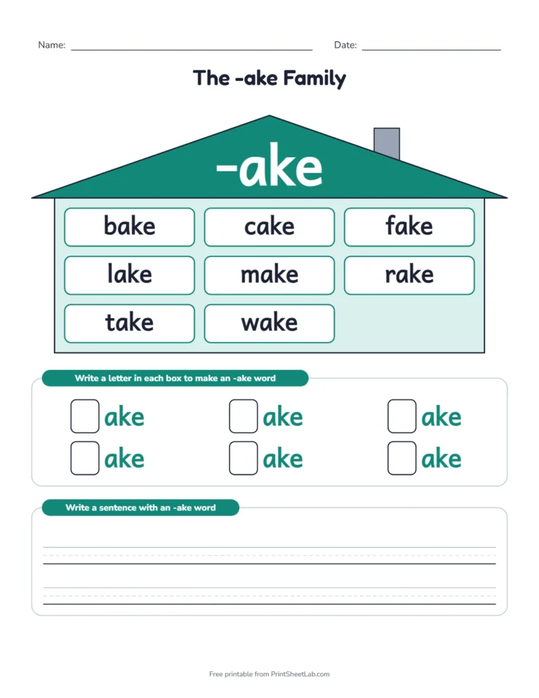 Long Vowel word families worksheets: a word family house with the -ake ending on the roof and words in the windows