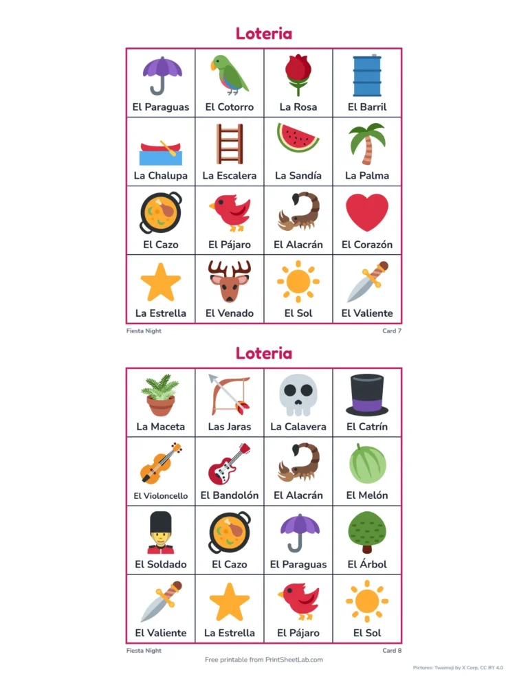 Loteria game calling cards with the picture and the name of each card