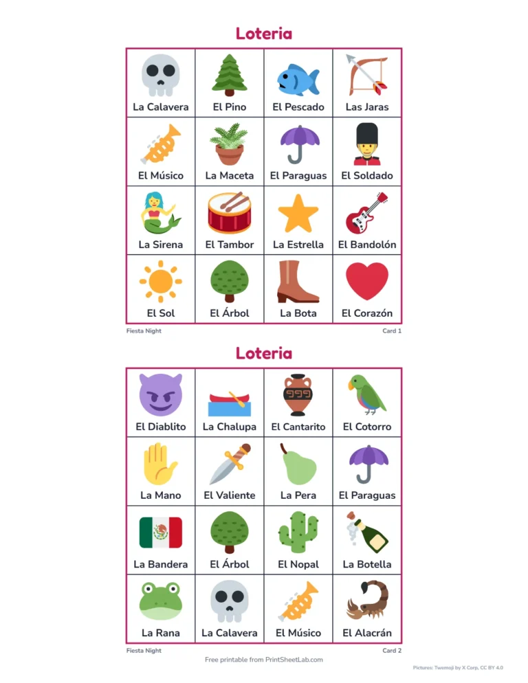 Loteria cards: printable 4 by 4 Mexican bingo tablas with picture cards