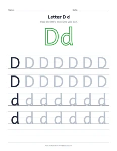 Letter D practice pack: trace, find, maze and color printable worksheet for preschool and kindergarten