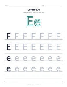 Letter E practice pack: trace, find, maze and color printable worksheet for preschool and kindergarten