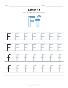 Letter F practice pack: trace, find, maze and color printable worksheet for preschool and kindergarten