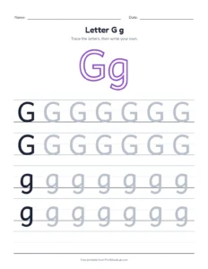 Letter G practice pack: trace, find, maze and color printable worksheet for preschool and kindergarten