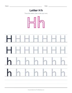 Letter H practice pack: trace, find, maze and color printable worksheet for preschool and kindergarten