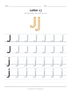 Letter J practice pack: trace, find, maze and color printable worksheet for preschool and kindergarten