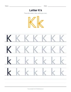 Letter K practice pack: trace, find, maze and color printable worksheet for preschool and kindergarten