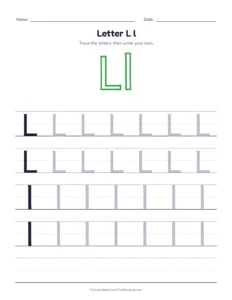 Letter L practice pack: trace, find, maze and color printable worksheet for preschool and kindergarten