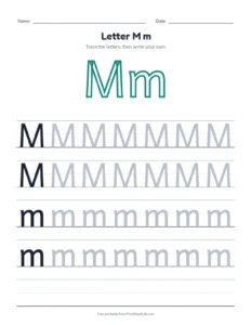 Letter M practice pack: trace, find, maze and color printable worksheet for preschool and kindergarten