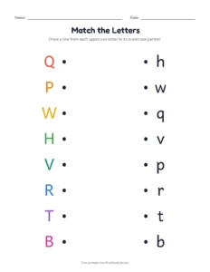 Match uppercase and lowercase letters printable worksheet for preschool and kindergarten