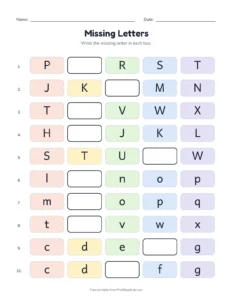 Missing letters: fill in the ABC order printable worksheet for kindergarten
