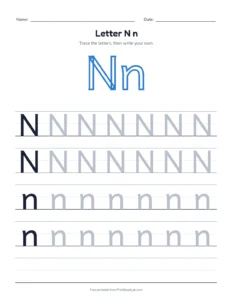 Letter N practice pack: trace, find, maze and color printable worksheet for preschool and kindergarten
