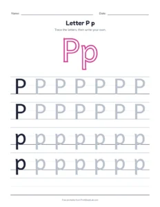 Letter P practice pack: trace, find, maze and color printable worksheet for preschool and kindergarten