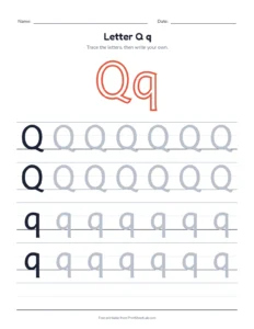 Letter Q practice pack: trace, find, maze and color printable worksheet for preschool and kindergarten