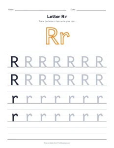 Letter R practice pack: trace, find, maze and color printable worksheet for preschool and kindergarten