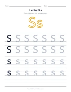 Letter S practice pack: trace, find, maze and color printable worksheet for preschool and kindergarten