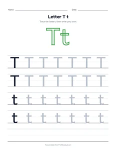 Letter T practice pack: trace, find, maze and color printable worksheet for preschool and kindergarten