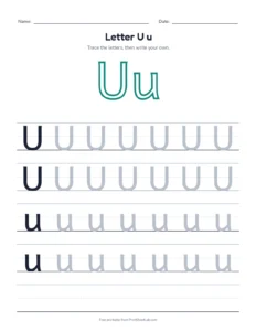 Letter U practice pack: trace, find, maze and color printable worksheet for preschool and kindergarten