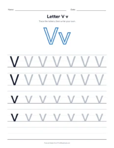 Letter V practice pack: trace, find, maze and color printable worksheet for preschool and kindergarten