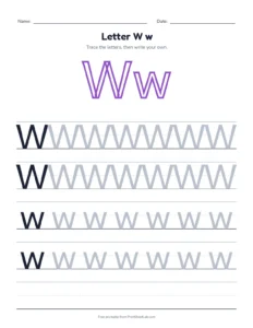 Letter W practice pack: trace, find, maze and color printable worksheet for preschool and kindergarten