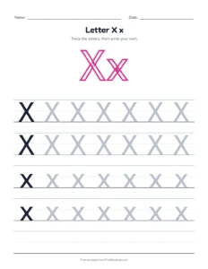 Letter X practice pack: trace, find, maze and color printable worksheet for preschool and kindergarten