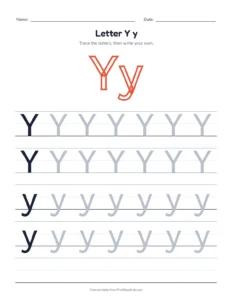 Letter Y practice pack: trace, find, maze and color printable worksheet for preschool and kindergarten