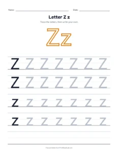 Letter Z practice pack: trace, find, maze and color printable worksheet for preschool and kindergarten