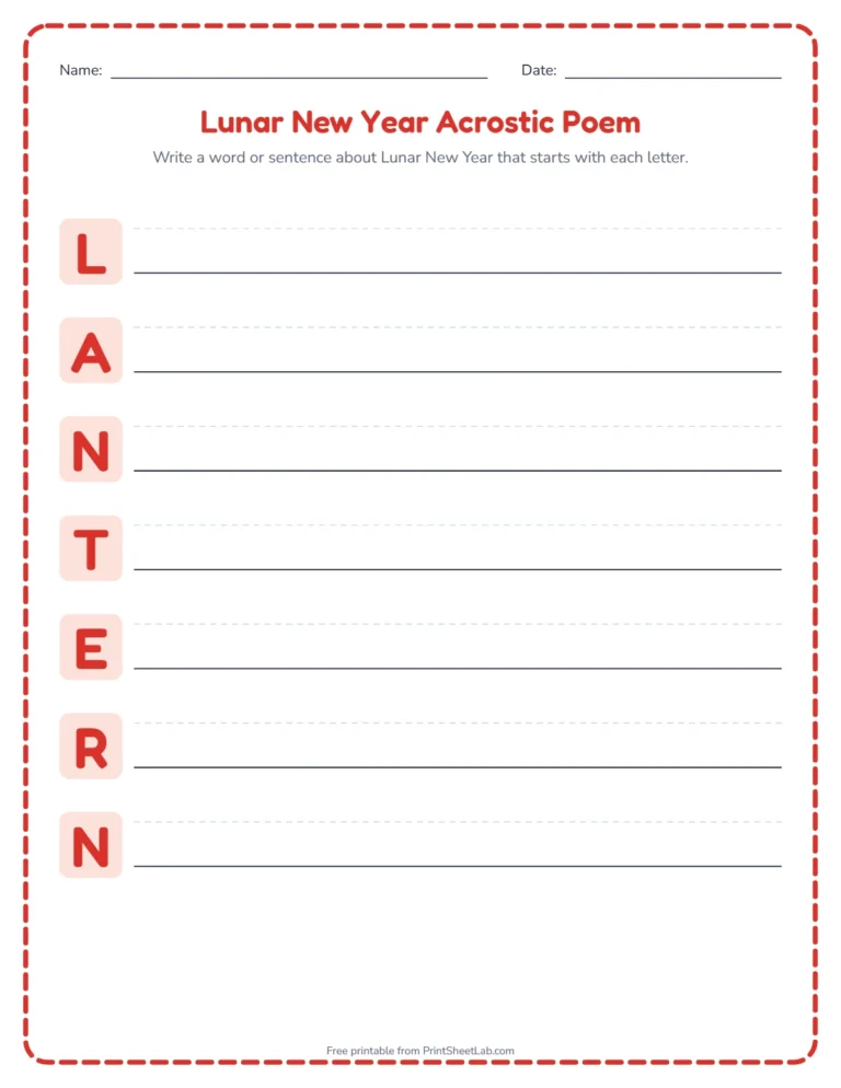 Lunar New Year acrostic poem worksheet: write a word for each letter of LANTERN