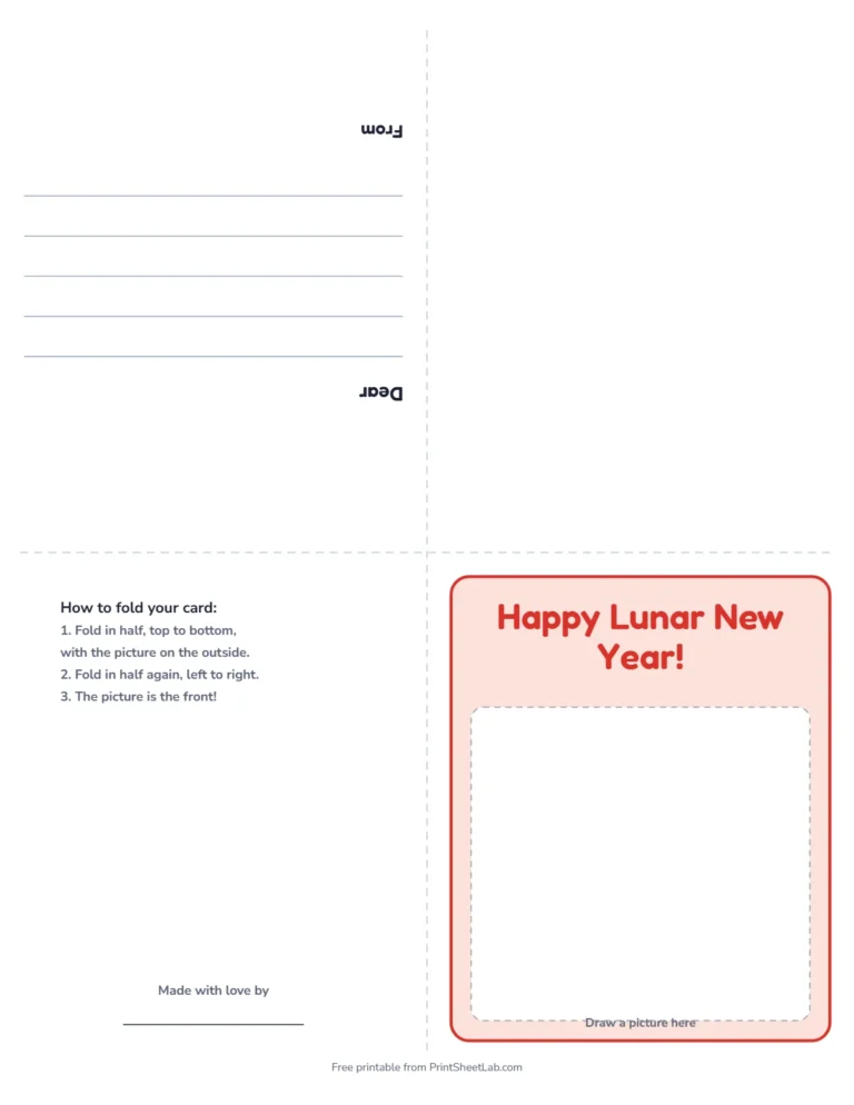 Lunar New Year card printable: a fold-up greeting card that says Happy Lunar New Year!