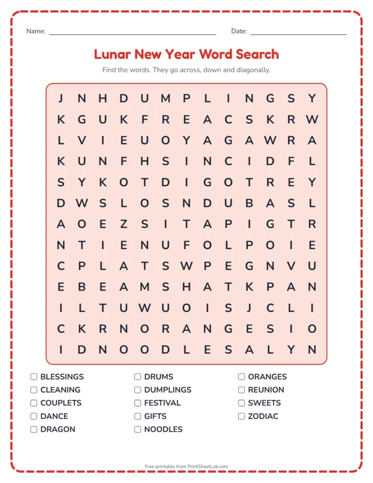 Lunar new year worksheets: word search printable with Lunar New Year words and a word list