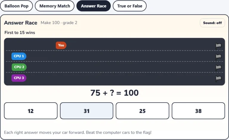 Make 100 game Answer Race with 75 + ? = 100