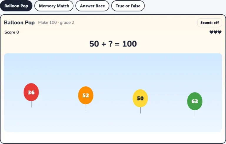 Pairs that make 100 Balloon Pop with 50 + ? = 100