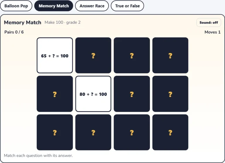 Complements to 100 game Memory Match with a card showing 65 + ? = 100