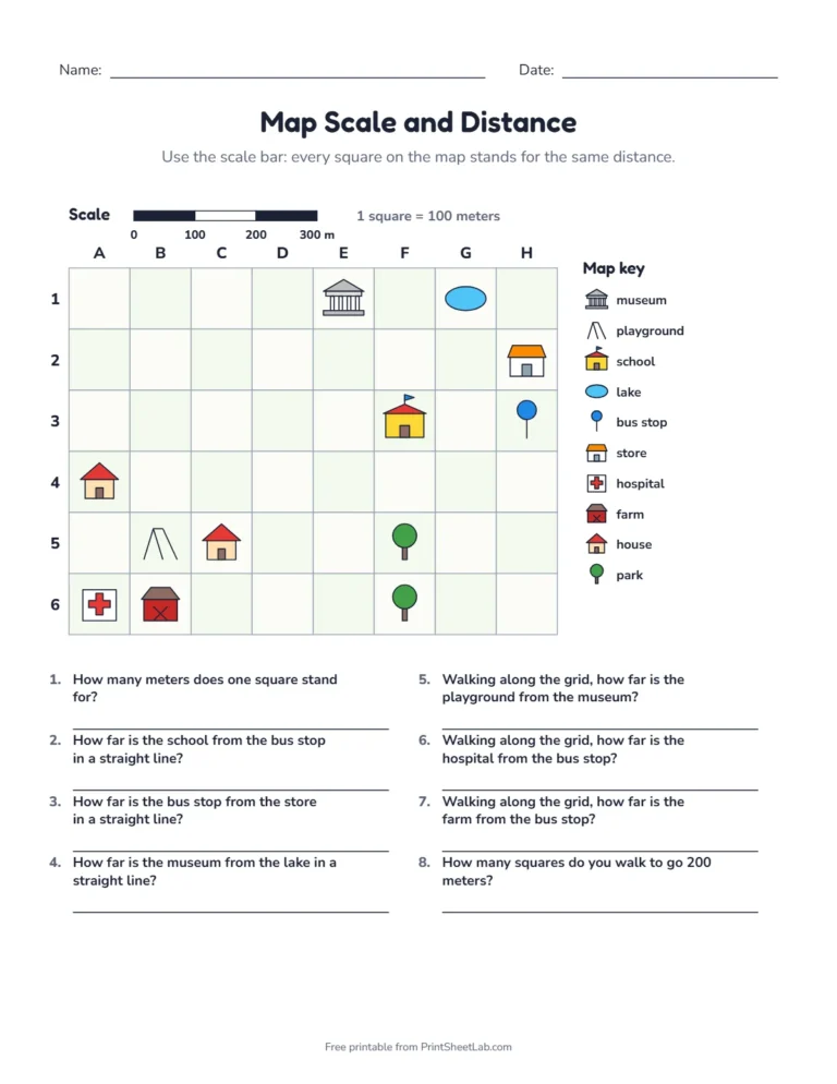 Map scale worksheet: a town map with a scale bar and distance questions