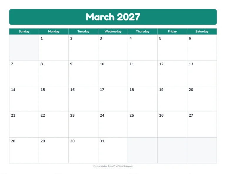 March 2027 calendar in the bold band design with big day boxes