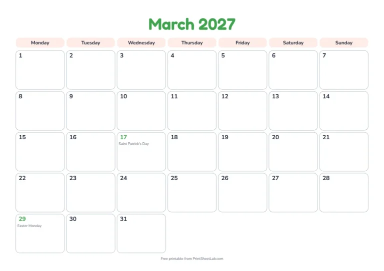 March 2027 calendar for Ireland with St Patrick's Day