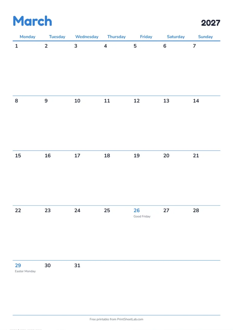 March 2027 calendar with holidays: Monday start on A4 with UK bank holidays