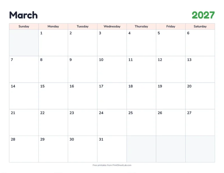 March 2027 calendar printable with US holidays in the classic design
