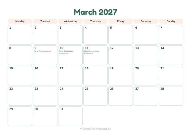 March 2027 calendar with the Eid holidays for Eid al-Fitr 2027 in the UAE