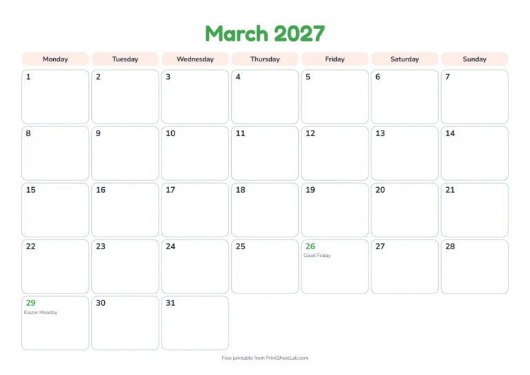 March 2027 calendar with UK Good Friday and Easter Monday bank holidays marked