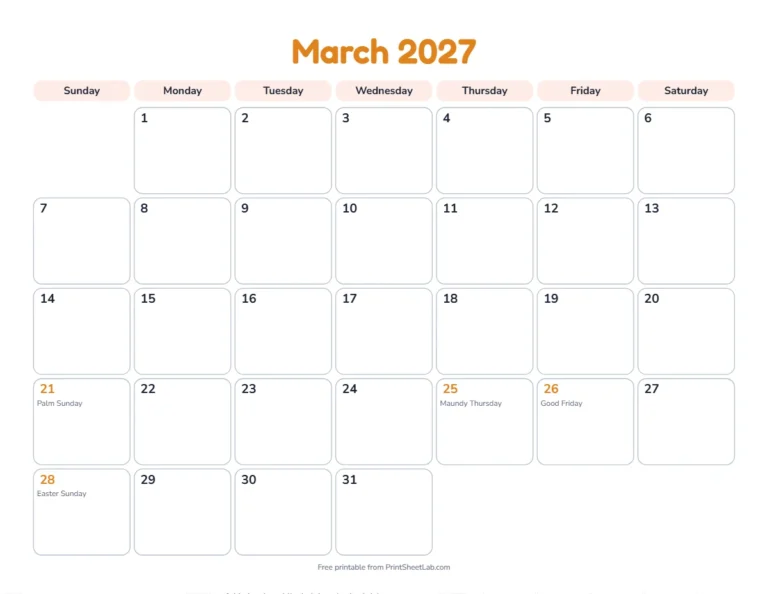 March 2027 calendar with Holy Week and Easter 2027 marked