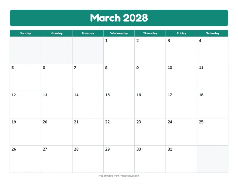 March 2028 calendar in the bold band design with big day boxes