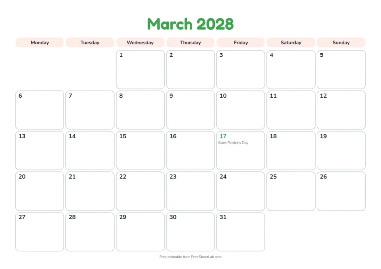 March 2028 calendar for Ireland with St Patrick's Day