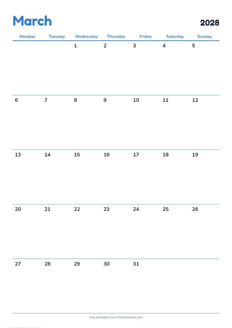 March 2028 calendar with holidays: Monday start on A4 with UK bank holidays